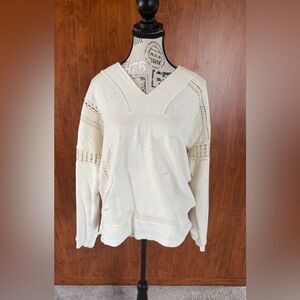 Lucky Brand Cream Crochet Trim Hooded Sweatshirt • Small • Raw Edge